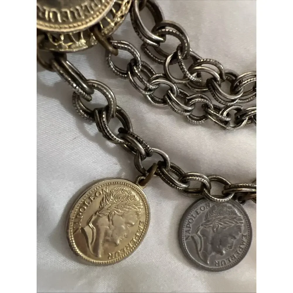Vtg 1960s Napoleon III Coin Festoon Necklace Multi Strand Revival Runway Piece